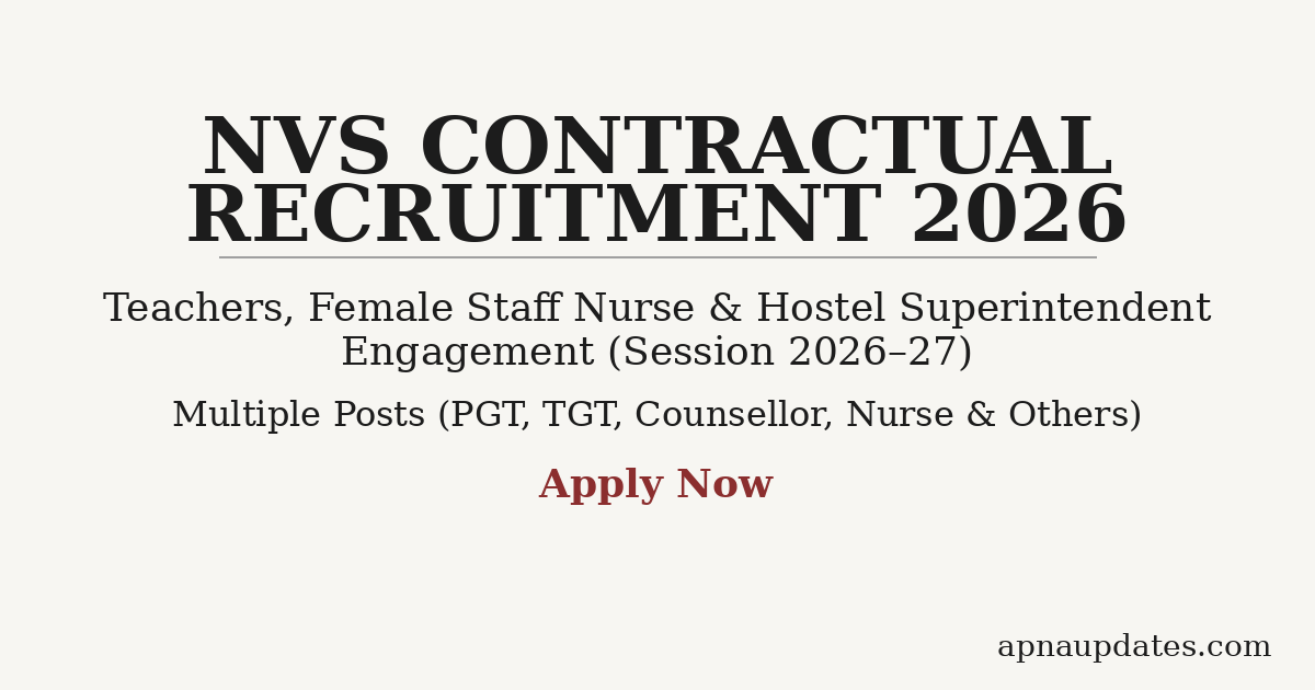 NVS Contractual Teacher Recruitment 2026 — Walk-in Interview from 6 to 9 May 2026 for Multiple Posts in Northeast India