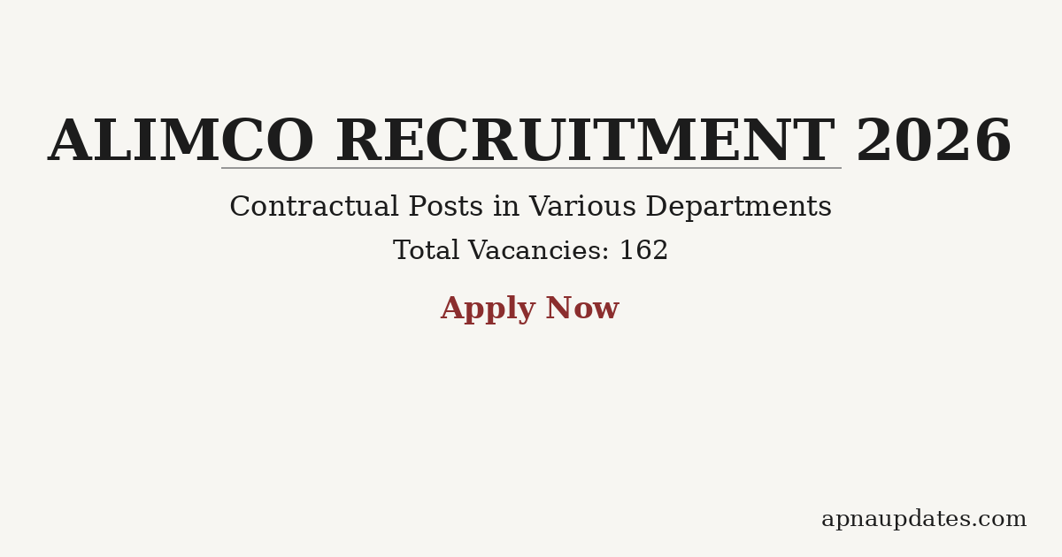 Artificial Limbs Manufacturing Corporation of India (ALIMCO) Recruitment 2026 — 162 Posts Across 8 Departments, Last Date 13 May 2026