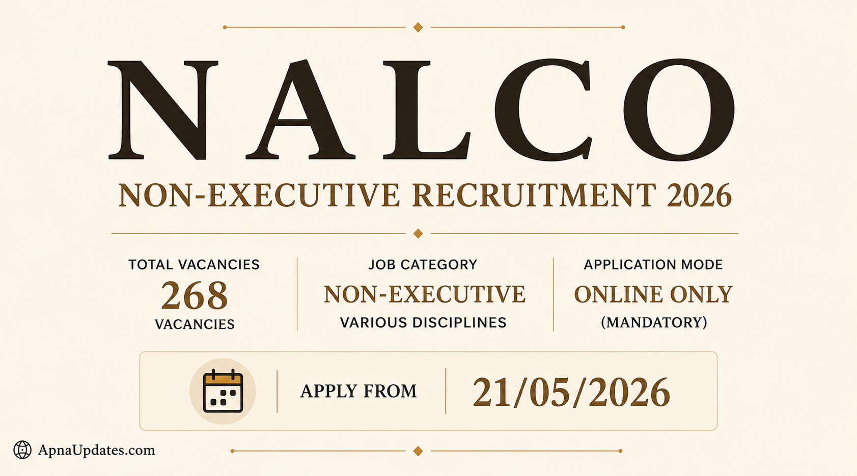 NALCO Non-Executive Recruitment 2026: 268 Vacancies, Eligibility, Salary & Selection Guide [Application Submission Deadline Extended to June 17, 2026]