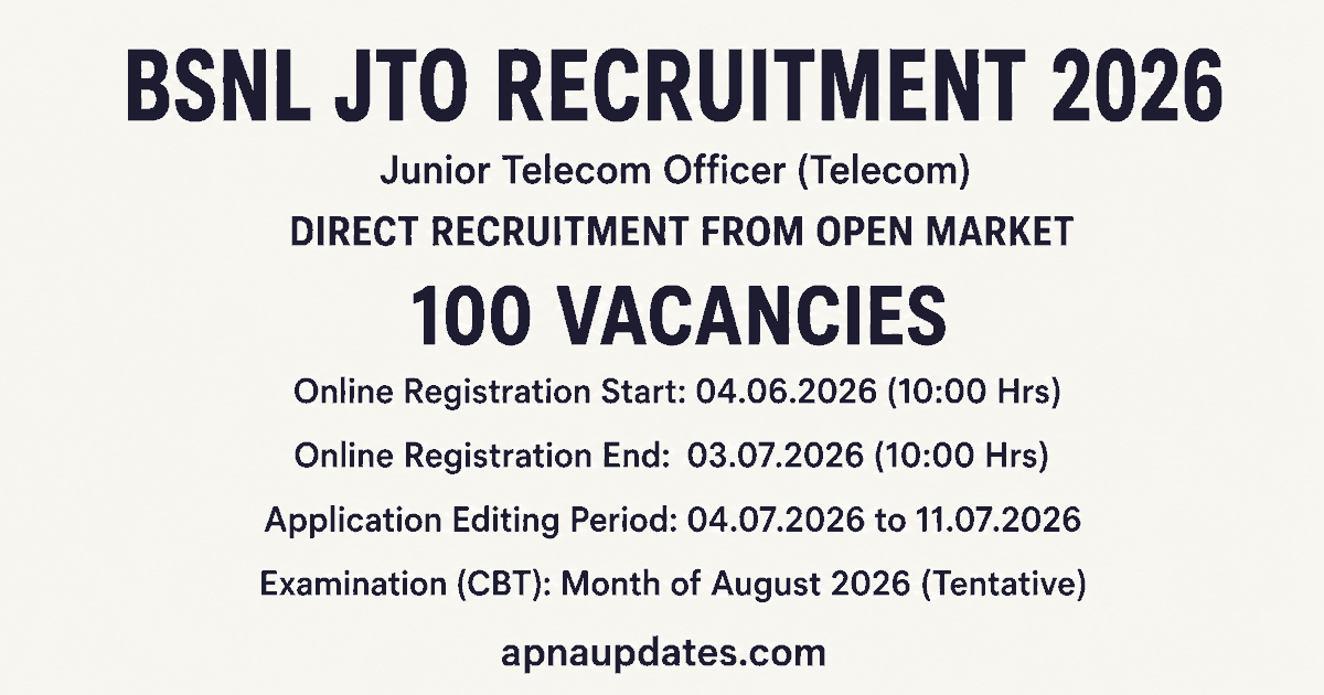 BSNL JTO 2026 Notification Out: 100 Vacancies Across 21 Circles, CBT in August. Registration Now Open