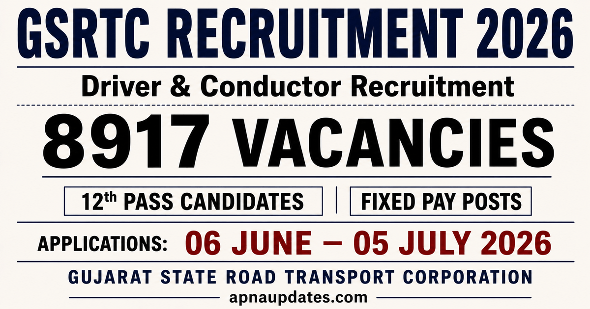 Gujarat GSRTC Recruitment 2026: 4599 Driver and 4318 Conductor Posts, Online Applications Open June 6 to July 5