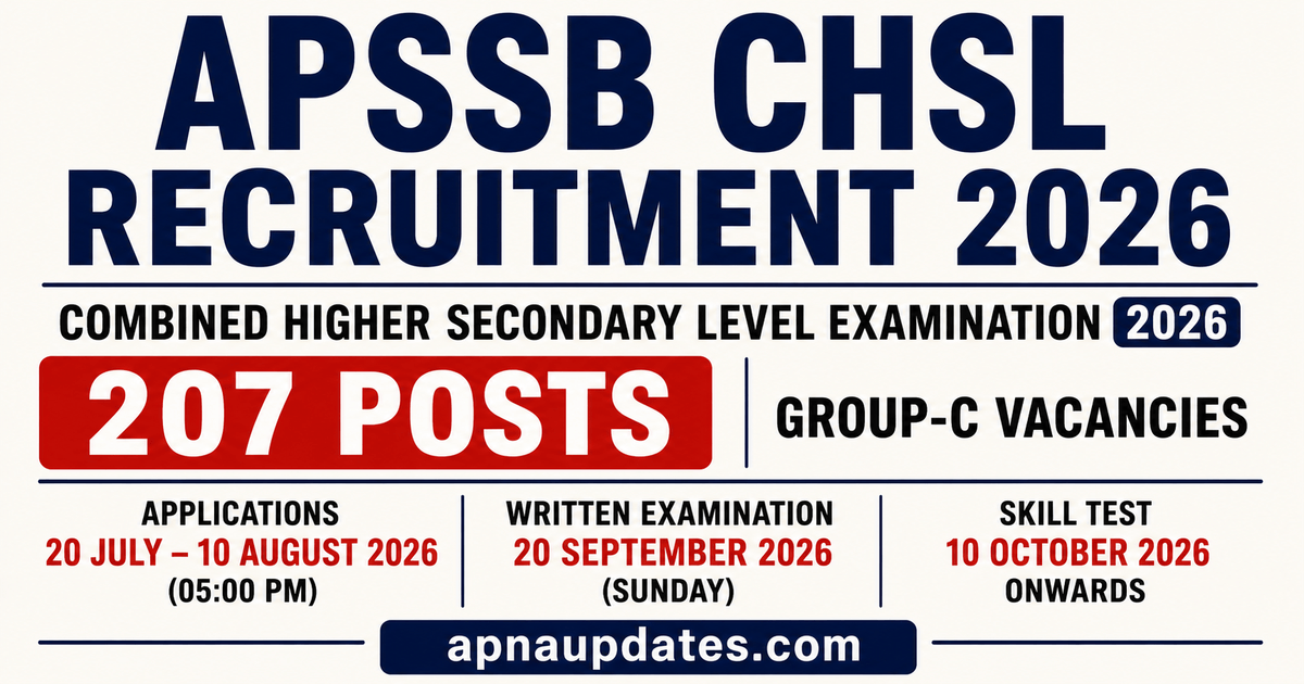 APSSB CHSL Recruitment 2026: 207 Group C Posts Across Arunachal Pradesh Departments, Apply Online by August 10