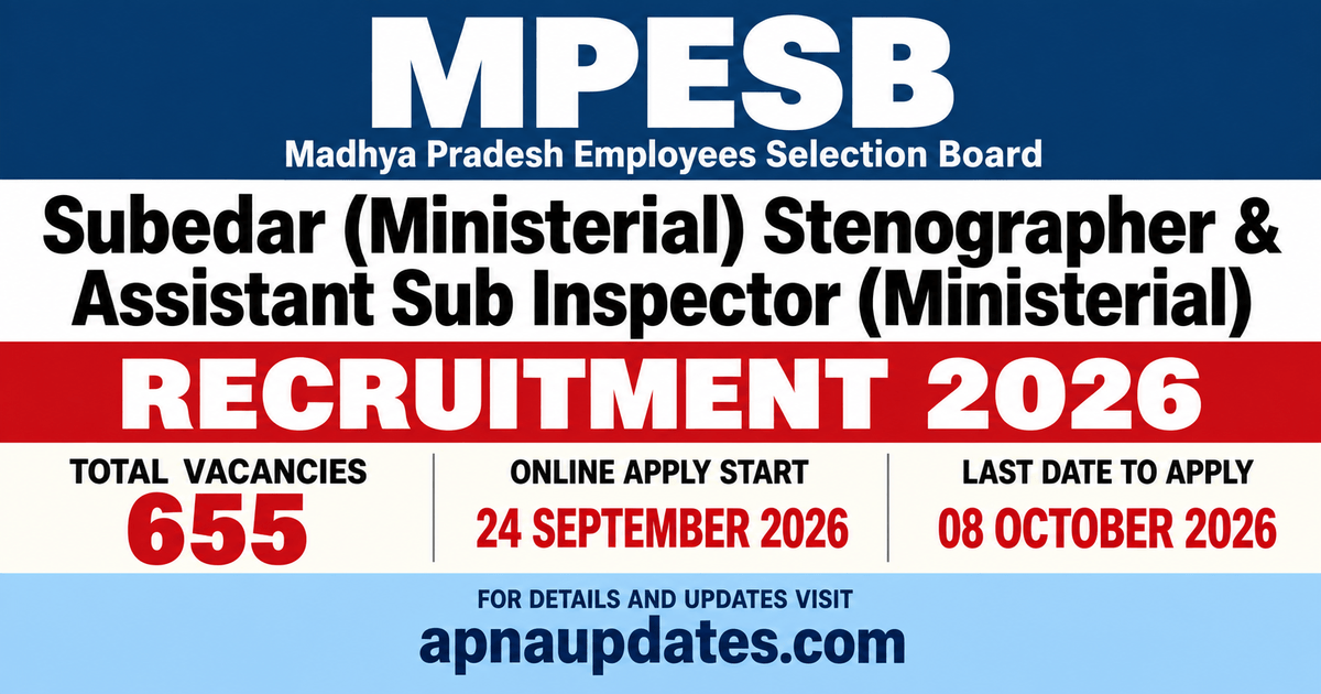 MP Police Subedar Steno and ASI Ministerial Recruitment 2026: 655 Posts